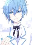  1boy black_neckwear blue_eyes blue_hair blue_nails bow bowtie commentary formal hand_up kaito looking_at_viewer male_focus nail_polish parted_lips project_diva_(series) shirt smile sparkle suit tuxedo upper_body vocaloid white_blazer_(module) white_shirt white_suit yoshiki 