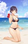  1girl bare_arms bare_shoulders barefoot beach bikini black_bikini black_hair blue_sky braid breasts can cleavage closed_mouth cloud cloudy_sky collarbone day halterneck highres holding horizon kneeling large_breasts lens_flare looking_at_viewer maoshinian1 navel niijima_makoto ocean outdoors persona persona_5 red_eyes short_hair skindentation sky soda_can solo sparkle stomach swimsuit thighs water wet 