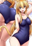  1girl animal_ear_fluff animal_ears aqua_eyes arm_up ass bangs blonde_hair breasts cat_ears cat_tail collarbone eyebrows_visible_through_hair fang hair_between_eyes highres large_breasts long_hair multiple_views nokoppa one-piece_swimsuit open_mouth original school_swimsuit solo swimsuit tail wet white_background 