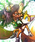  anthro blue_eyes brown_fur canid canine clothing dipstick_tail duo eye_contact felid feline female footwear fox fur gloves green_eyes handwear looking_at_another male mammal miles_prower multicolored_tail nicole_the_lynx omiza-zu sonic_(series) video_games white_fur yellow_fur 