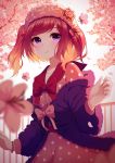  1girl bangs blurry_foreground blush bow cherry_blossoms collarbone commentary_request dress flower fur_trim hair_bow hair_ornament hat jacket long_sleeves looking_at_viewer original outdoors pink_dress purple_eyes purple_jacket red_bow red_hair rizky_(strated) short_twintails smile solo tree twintails 