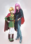  2girls blonde_hair boots cape earrings green_eyes gundam gundam_zz haman_karn high_heels highres jewelry long_hair looking_at_viewer mineva_lao_zabi multiple_girls pink_hair portrait scarf simple_background smile teikoku_jokyoku uniform 