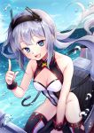  1girl azur_lane blue_eyes blurry blurry_background blush breasts cleavage cloud collarbone commentary_request hair_between_eyes headband highres long_hair looking_at_viewer ocean open_mouth riding silver_hair sky small_breasts solo swimsuit thighhighs u-522_(azur_lane) water_drop watercraft yn_ynko 