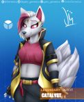  2_tails absurd_res anthro breasts canid canine catalyst_(fortnite) clothed clothing coat digital_media_(artwork) epic_games female fortnite fox fur gatogenerico gloves hair handwear hi_res looking_at_viewer makeup mammal multi_tail simple_background smile solo video_games white_fur 