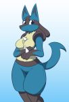  2019 blue_fur breasts digital_media_(artwork) featureless_breasts female fingers fur gradient_background hi_res infinitedge2u lucario nintendo pok&eacute;mon pok&eacute;mon_(species) red_eyes simple_background solo spikes standing video_games 