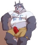  2019 absurd_res anthro blush bodily_fluids bottomwear bulge clothing cum erection erection_under_clothing genital_fluids hi_res humanoid_hands japanese_text jumperbear male overweight overweight_male shirt shorts simple_background solo text tokyo_afterschool_summoners tongue tongue_out topwear tsathoggua underwear video_games 