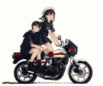  2girls akagi_(kantai_collection) anchor anchor_symbol bangs black_footwear black_serafuku brown_eyes brown_hair closed_mouth ground_vehicle hair_ribbon hat highres kaga_(kantai_collection) kantai_collection kokudou_juunigou leaning_on_person loafers long_hair motor_vehicle motorcycle multiple_girls open_mouth pleated_skirt ponytail ribbon sailor_collar sailor_hat school_uniform serafuku shadow shoes short_sleeves side_ponytail simple_background sitting skirt socks white_headwear younger 