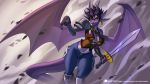  16:9 2019 5_fingers alanscampos anthro breasts clothed clothing digital_media_(artwork) dragon ear_piercing ear_ring female fingers hi_res holding_object holding_weapon horn melee_weapon membranous_wingsyellow_eyes midriff navel non-mammal_breasts piercing purple_skin solo standing sword weapon 