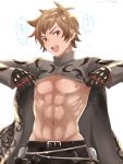  1boy @@@ abs alternate_costume belt blush brown_eyes brown_hair chest gran_(granblue_fantasy) granblue_fantasy gunslinger_(granblue_fantasy) highres looking_at_viewer male_focus navel nipples open_mouth self_exposure shirtless simple_background smile solo toned toned_male white_background 