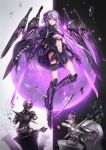  1girl dual_wielding flower flying hair_flower hair_ornament hairpin highres holding holding_sword holding_weapon long_hair looking_at_viewer mecha_musume original purple_eyes purple_hair science_fiction skirt solo sword t-track thighhighs weapon 