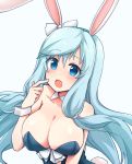  1girl :d animal_ears arifureta_shokugyou_de_sekai_saikyou bangs bare_shoulders blue_eyes blue_hair blue_leotard blush bow breasts bunny_ears bunny_girl bunny_tail bunnysuit cleavage collar detached_collar eyebrows_visible_through_hair hair_between_eyes hana_(tmtmrgrgtrg) hand_up highres large_breasts leotard long_hair looking_at_viewer open_mouth shea_haulia simple_background smile solo strapless strapless_leotard tail upper_body very_long_hair white_background white_bow white_collar wrist_cuffs 