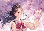  black_hair bow cherry_blossoms flowers glasses kiwikong original petals school_uniform umbrella 