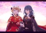 2girls armor blonde_hair blue_eyes breasts byleth_(fire_emblem) byleth_(fire_emblem)_(female) cape closed_mouth couple doku_ringo36 edelgard_von_hresvelg fire_emblem fire_emblem:_three_houses gloves hair_ornament highres horns long_hair multiple_girls pantyhose red_cape short_hair simple_background smile upper_body yuri 