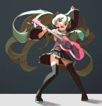  1girl :d arm_up armpit_peek backlighting bare_shoulders black_legwear black_skirt blue_eyes blue_hair blue_neckwear breasts commentary electric_guitar english_commentary eyelashes floating_hair full_body grey_background grey_shirt guitar happy hatsune_miku highres holding holding_instrument instrument legs_apart long_hair necktie open_mouth pleated_skirt plectrum shadow shirt simple_background skirt skirt_lift sleeveless sleeveless_shirt small_breasts smile solo standing teeth thighhighs topdylan twintails upper_teeth very_long_hair vocaloid zettai_ryouiki 