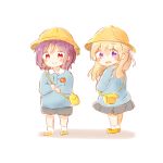  2girls :d bag bang_dream! black_shorts black_skirt blonde_hair blue_shirt blush bucket_hat child full_body hair_ribbon half_updo hat highres holding_strap kindergarten_uniform long_sleeves multiple_girls open_mouth pan_(pansui) purple_eyes purple_hair red_eyes ribbon seta_kaoru shirasagi_chisato shirt shoes shorts shoulder_bag skirt smile socks standing white_legwear white_ribbon yellow_footwear yellow_headwear younger 