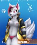  2019 2_tails absurd_res anthro big_breasts breasts canid canine catalyst_(fortnite) clothed clothing digital_media_(artwork) epic_games female fortnite fox fur gatogenerico gloves hair handwear hi_res looking_at_viewer makeup mammal multi_tail nipples panties pussy simple_background smile solo topless underwear video_games white_fur 