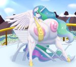  2019 anthro areola areola_slip big_breasts bikini blues64 breasts butt clothed clothing equid female friendship_is_magic hair hair_over_eye holding_breast horn huge_breasts hyper hyper_breasts hyper_nipples mammal mr.pink my_little_pony nipples one_breast_out princess_celestia_(mlp) sling_bikini smile solo swimwear thick_thighs unicorn winged_unicorn wings 