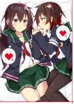  2girls beritabo black_jacket brown_eyes brown_hair character_name cowboy_shot crescent crescent_moon_pin eye_contact gradient_hair green_sailor_collar green_skirt hair_ornament heart holding_hands jacket kantai_collection kisaragi_(kantai_collection) long_hair looking_at_another lying multicolored_hair multiple_girls mutsuki_(kantai_collection) neckerchief on_side pantyhose pleated_skirt red_hair red_neckwear remodel_(kantai_collection) sailor_collar school_uniform serafuku short_hair skirt spoken_heart thighband_pantyhose 