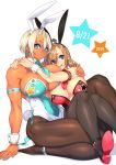  23_(real_xxiii) 2girls :p ahoge ahoge_girl_(23) animal_ears aqua_neckwear armband bangs bare_shoulders black_legwear blue_eyes breasts brown_hair brown_legwear bunny_day bunny_ears bunny_tail bunnysuit commentary_request covered_navel dark-skinned_girl_(23) dark_skin dated detached_collar eyebrows_visible_through_hair eyes_visible_through_hair fake_animal_ears hair_between_eyes hand_on_another&#039;s_shoulder high_heels highres hug huge_breasts jewelry large_breasts long_hair looking_at_viewer mini_necktie multiple_girls muscle muscular_female original pantyhose parted_lips platinum_blonde_hair red_neckwear ring seiza short_hair simple_background sitting sitting_on_lap sitting_on_person star tail thighs tongue tongue_out wedding_band white_background wife_and_wife wrist_cuffs yuri 