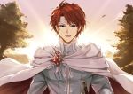  1boy blue_eyes cape eliwood_(fire_emblem) fire_emblem fire_emblem:_the_blazing_blade fire_emblem_heroes headband highres looking_at_viewer male_focus nakabayashi_zun open_mouth red_hair short_hair simple_background smile solo 