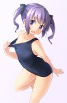  1girl barefoot blue_swimsuit collarbone cowboy_shot flat_chest highres leaning_forward looking_at_viewer old_school_swimsuit original purple_eyes purple_hair school_swimsuit shibacha short_ponytail short_twintails simple_background smile solo standing standing_on_one_leg swimsuit swimsuit_pull tan tanline twintails white_background 