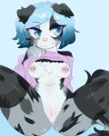  2019 anthro areola blue_background blue_eyes blue_hair breasts canid canine canis digital_media_(artwork) domestic_dog eyebrows eyelashes female hair hi_res mammal nickii nipples piercing pussy simple_background solo 