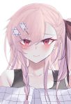  1girl absurdres bangs blush braid closed_mouth collarbone girls_frontline hair_between_eyes hair_ornament hair_ribbon hexagram highres jingo long_hair looking_at_viewer negev_(girls_frontline) off_shoulder one_side_up pink_hair red_eyes ribbon shirt simple_background smile solo star_of_david upper_body white_background white_shirt 