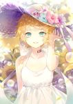  1girl backlighting bare_arms bare_shoulders blonde_hair blue_flower blurry blurry_background bow brown_headwear collarbone commentary_request depth_of_field dress emma_(yakusoku_no_neverland) flower green_eyes hand_up hat hat_flower kinokohime looking_at_viewer parted_lips petals pink_flower purple_flower short_hair sleeveless sleeveless_dress solo straw_hat sundress sunflower sunlight upper_body upper_teeth white_bow white_dress white_flower yakusoku_no_neverland 
