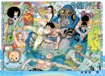  2girls 5boys afro armpits arms_up bandana bikini black_hair blonde_hair blue_hair breasts brook checkered checkered_floor cleavage closed_eyes closed_mouth copyright_name eating franky green_hair headphones highres holding holding_instrument innertube instrument large_breasts long_hair male_swimwear monkey_d_luffy multiple_boys multiple_girls nami_(one_piece) nico_robin no_hat no_headwear oda_eiichirou official_art one_piece orange-tinted_eyewear ponytail pool purple_bikini_top roronoa_zoro sanji scar scar_across_eye shiny shiny_hair short_hair short_sleeves side-tie_bikini smile straight_hair swimsuit swimwear tony_tony_chopper usopp very_short_hair yellow-framed_eyewear yellow_bikini 