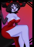  2019 absurd_res anthro arachnid arthropod big_breasts black_hair breasts clothed clothing digital_media_(artwork) female hair hi_res humanoid locote68 looking_at_viewer muffet open_mouth purple_skin simple_background smile solo thick_thighs undertale video_games 