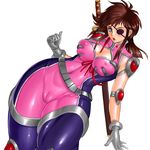  belt breasts brown_hair cameltoe covered_nipples eyepatch fat_mons gloves katana koutetsushin_jeeg large_breasts latex leaning_back shiny shiny_clothes simple_background skin_tight solo sword weapon yagyuu_mitsuko zen_and_retro 