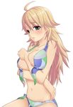  areolae bikini blonde_hair blush breast_hold breast_squeeze breasts green_eyes highres hoshii_miki idolmaster idolmaster_(classic) idolmaster_1 large_breasts long_hair navel nipples solo swimsuit tokita_arumi 