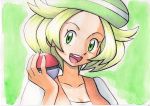  1girl bel_(pokemon) blonde_hair collarbone creatures_(company) game_freak green_eyes green_hat hat highres nintendo oka_mochi poke_ball pokemon pokemon_(game) pokemon_bw 