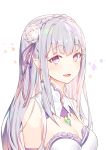  1girl :d bangs bare_shoulders blush braid breasts cleavage colored_eyelashes commentary crown_braid detached_collar elf emerald_(gemstone) emilia_(re:zero) eyebrows_visible_through_hair flower gem hair_flower hair_ornament hair_ribbon hairclip highres long_hair looking_at_viewer medium_breasts open_mouth pointy_ears purple_eyes purple_ribbon re:zero_kara_hajimeru_isekai_seikatsu ribbon ronopu sidelocks silver_hair simple_background smile solo straight_hair strapless symbol_commentary upper_body white_background white_flower 