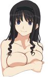  amagami black_hair blue_eyes breast_hold breast_squeeze breasts hairband kamimiya large_breasts long_hair morishima_haruka nude smile solo upper_body 