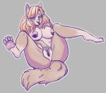  2019 anthro anus blonde_hair blue_eyes blush breasts canid canine canis domestic_dog female grey_background hair hand_on_breast mammal masturbation nipples nude open_mouth pawpads pussy simple_background smile snout solo spread_legs spreading tongue tongue_out vaginal vaginal_masturbation wilderlove 