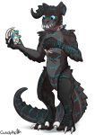  2019 3_fingers 4_fingers ambiguous_gender anthro bandage bethesda_softworks big_tail black_scales blue_eyes blue_scales blue_stripes broken_horn claws collar countershade_arms countershade_face countershade_tail countershade_torso countershading cute_eyes deathclaw digital_media_(artwork) english_text fallout fingers grey_collar grey_countershading grey_scales gundypip happy hi_res holding_object holding_toy horn looking_down malakiel metal_collar mostly_nude plushie reptile scales scalie sharp_claws sharp_teeth signature simple_background smile snout solo spikes standing stripes tail_spikes teddy_bear teeth text thick_tail video_games white_background 
