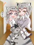  +++ 2girls :3 :d animal_ear_fluff animal_ears bare_shoulders black_bow blue_eyes blurry blurry_background boots bow carrying cat_ears cat_tail child commentary elbow_gloves extra_ears eyebrows_visible_through_hair fang fur-trimmed_gloves fur-trimmed_sleeves fur_trim fzr332211 gloves grey_hair highres kemono_friends looking_at_viewer mother_and_daughter multicolored_hair multiple_girls open_mouth pallas&#039;s_cat_(kemono_friends) pantyhose scarf shirt sleeveless sleeveless_shirt smile tail translated waving white_gloves white_hair white_legwear white_scarf yellow_eyes 