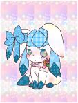  2016 accessory collar digital_media_(artwork) ear_bow eeveelution female feral full-length_portrait garter glaceon neck_garter nintendo pattern_background pink_background pok&eacute;mon pok&eacute;mon_(species) portrait ribbons simple_background sitting solo video_games white_background きなこ 