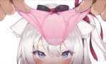  1boy 1girl animal_ear_fluff animal_ears azur_lane bangs black_bow blue_eyes blush bow bow_panties cat_ears commentary_request eyebrows_visible_through_hair fingernails hair_between_eyes hair_bow hair_ribbon hammann_(azur_lane) holding holding_panties looking_at_viewer one-piece_swimsuit panties panties_removed pink_panties pokachu red_ribbon ribbon silver_hair simple_background solo_focus sweat swimsuit underwear white_background 