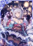  1girl akkijin animal_ears bare_shoulders breasts card_(medium) fox_ears fox_girl fox_tail frilled_skirt frills ghost hitodama japanese_clothes lamp looking_at_viewer medium_breasts multiple_tails night night_sky official_art purple_eyes shinkai_no_valkyrie short_hair silver_hair skirt sky tail thighhighs wind 
