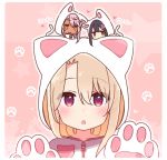  3girls :3 :o animal_ears animal_hood bangs black_hair blush brown_eyes cat_ears cat_girl cat_hood cat_tail chibi chibi_on_head chloe_von_einzbern closed_mouth collarbone commentary_request dark_skin ears_visible_through_hair eyebrows_visible_through_hair fake_animal_ears fate/kaleid_liner_prisma_illya fate_(series) gloves hair_between_eyes heart hood hood_up hooded_jacket illyasviel_von_einzbern jacket light_brown_hair long_hair miyu_edelfelt multiple_girls on_head orange_eyes parted_lips paw_background paw_gloves paws pink_hair red_eyes star tail translation_request upper_body white_gloves white_jacket x-ray yoru_nai 