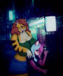  big_breasts big_butt blonde_hair breasts butt canid canine clothing eyewear felid fox glasses green_eyes hair hi_res huge_breasts licking licking_lips lion mammal neon_fox pantherine pink_hair pink_skin purple_eyes red_hair street tongue tongue_out voluptuous wide_hips worried 