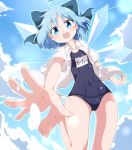  1girl :d absurdres ahoge blue_bow blue_eyes blue_hair blush bow breasts cirno cloud collared_shirt commentary_request day do_(4-rt) eyebrows_visible_through_hair fang from_below hair_bow highres ice ice_wings looking_at_viewer one-piece_swimsuit open_mouth school_swimsuit shirt short_hair short_sleeves sky smile solo swimsuit touhou white_shirt wings 