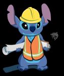  2019 3_toes alien armor black_background black_eyes blue_claws blue_fur blue_nose chest_tuft claws clipboard construction_worker digital_media_(artwork) disney experiment_(lilo_and_stitch) fur hard_hat headgear helmet hi_res lilo_and_stitch notched_ear paper safety_vest simple_background smile standing stitch_(lilo_and_stitch) thebmeister toes tuft watermark 