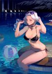  1girl adjusting_hair bikini breasts carmilla_(fate/grand_order) carmilla_(swimsuit_rider)_(fate) choker commentary earrings english_commentary eyewear_on_head fate/grand_order fate_(series) forehead hands_in_hair highres jewelry large_breasts long_hair looking_at_viewer nail_polish navel night partially_submerged poolside side-tie_bikini silver_hair sitting solo sunglasses swimsuit taro-k water yellow_eyes 