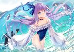  1girl animal bangs bare_shoulders bird blue_choker blue_eyes blue_ribbon blue_swimsuit blush breasts choker collarbone commentary_request eyebrows_visible_through_hair fate/grand_order fate_(series) frills hair_ribbon in_water long_hair looking_at_viewer meltryllis navel penguin purple_hair ribbon sleeves_past_fingers sleeves_past_wrists small_breasts solo swimsuit very_long_hair water yan_(nicknikg) 