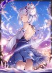  1girl akkijin back bare_shoulders blue_sky card_(medium) cat_mask flower frilled_skirt frills japanese_clothes lake lily_(flower) looking_at_viewer mask official_art purple_eyes shinkai_no_valkyrie short_hair shy silver_hair skirt sky wind 