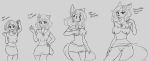  2019 absurd_res anthro blush bottomwear breast_expansion breasts canid canine clothing dialogue female fox grey_background hair hand_on_hip hi_res human human_to_anthro looking_at_viewer mammal monochrome nipples open_mouth pussy sequence simple_background skirt smile snout solo species_transformation surprise tongue tongue_out transformation wilderlove 