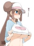  1girl areola_slip areolae bakutendou blue_eyes blush breasts brown_hair double_bun hair_bun highres large_breasts low_twintails mei_(pokemon) pokemon shirt simple_background solo sweat twintails underboob visor_cap white_background 